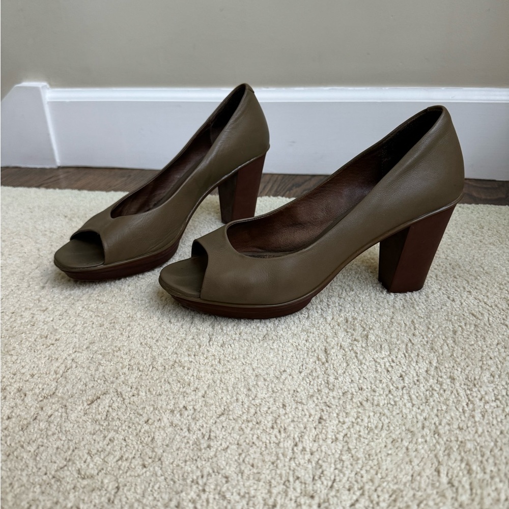 Camper open toe pumps.  Rubber heal.  Olive kakhi.